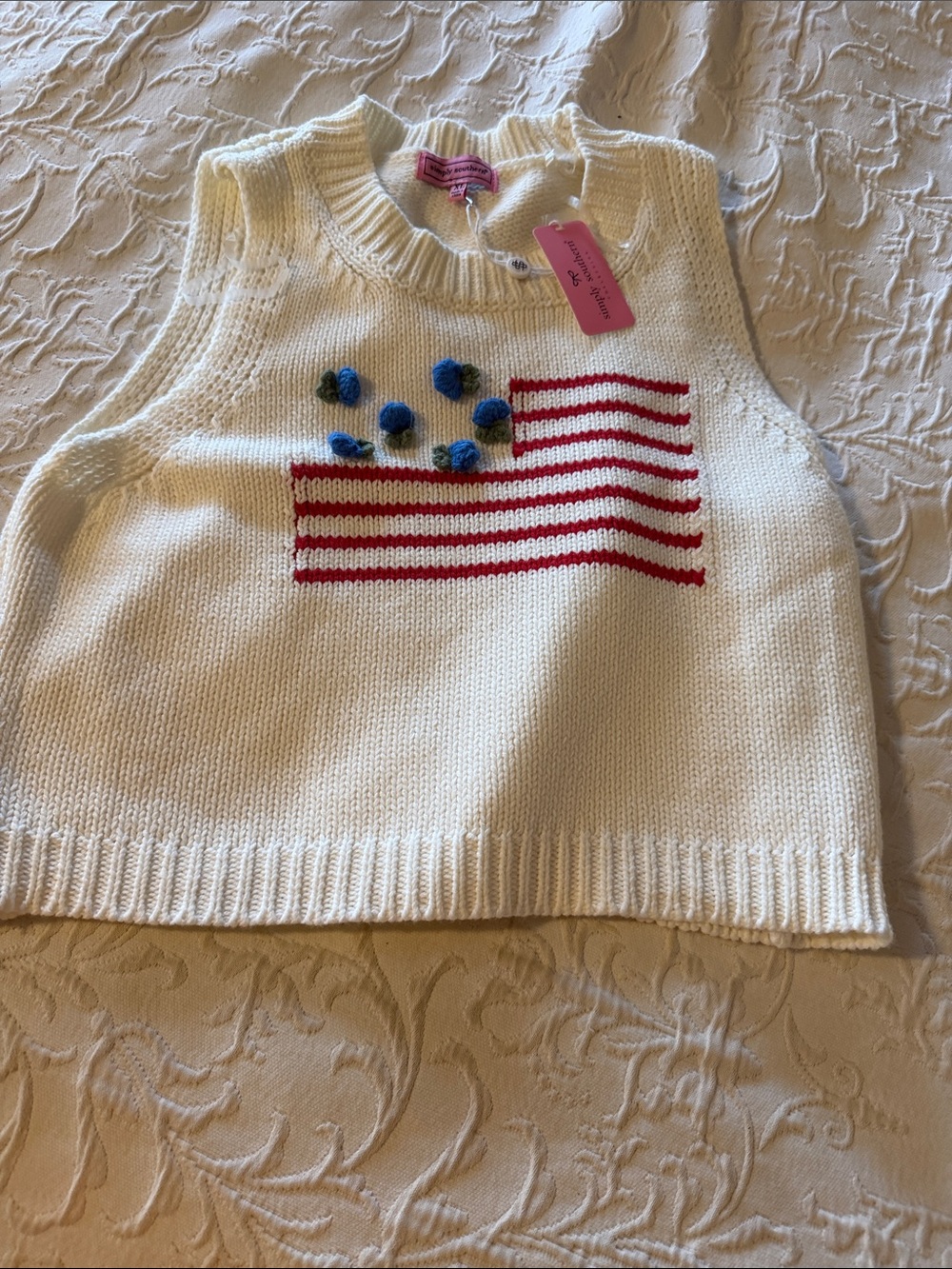 NWT White Knit Flag crop Tank Top with Red Stripes and Blue floral Pom Accents